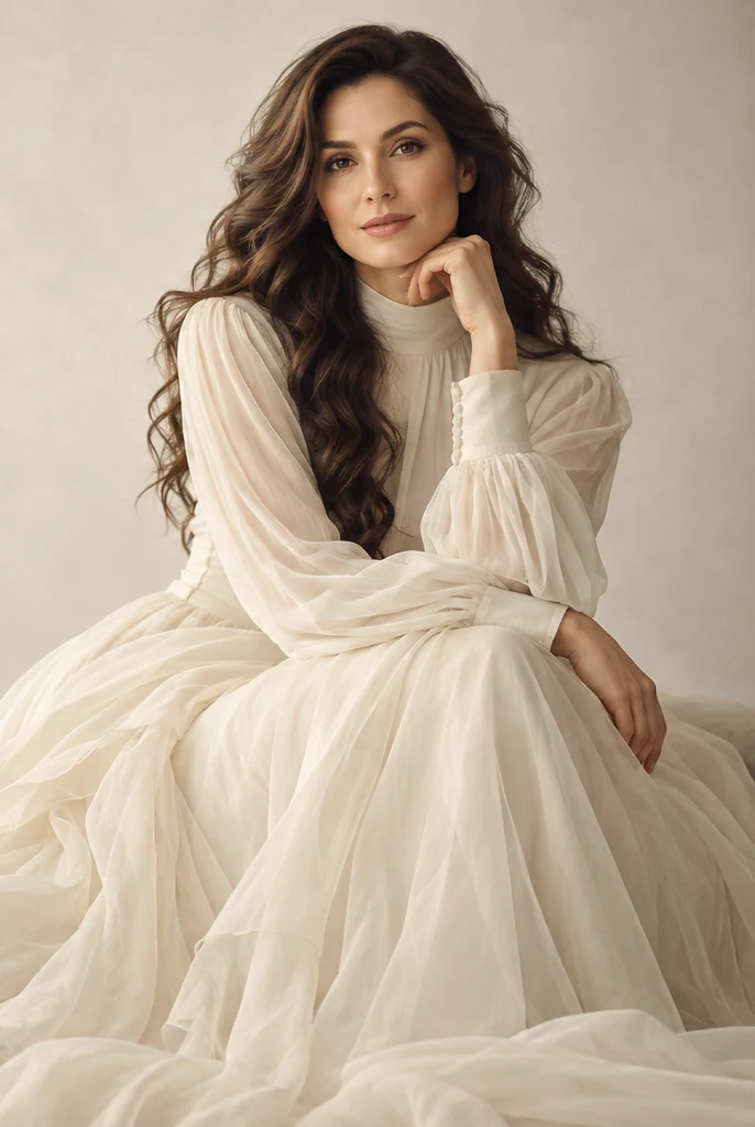 A woman in a flowing gown bathed in warm golden light.